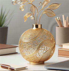 Vase sphérique en fil d'or délicat, orné d'un complexe treillis creux et de tiges assorties. Disponible à prix de gros. - Product Image 1