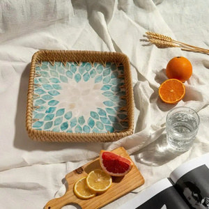 Plateau de service carré en rotin de qualité supérieure avec incrustation de nacre bleue, tressé à la main, plateau décoratif artistique naturel OEM ODM - Product Image 3