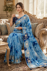 CHOHAN TEXTILE Sari en soie chiffon bleu tie-dye shibori avec broderie dorée, style vintage, longueur ras du sol, pour femme, tenue de soirée, tradition indienne - Product Image 5