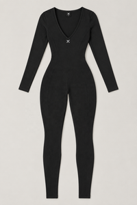 <b>Women's</b> <b>Black</b> Full Length Seamless Strapless <b>Bodysuit</b> Deep V Neck Long Sleeve High Waist Spandex Polyester Four-Way Stretch - Product Image 6