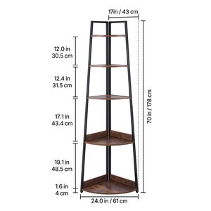Étagère d'angle industrielle à 5 niveaux de 70 pouces de hauteur avec cadre métallique et étagères en bois pour salon ou bureau – Unité d'étagère d'angle type échelle - Product Image 5