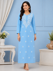 Sky <b>Blue</b> Hand Embroidered Lucknowi Chikankari Straight Kurti - Elegant Cotton Ethnic <b>Tunic</b> Top for Women - Product Image 1