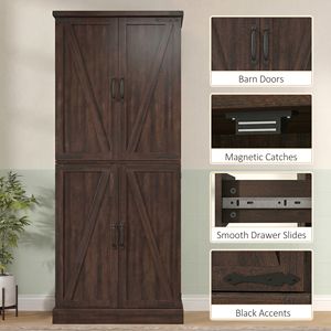Modern 72\" Tall <b>Kitchen</b> <b>Pantry</b> Cabinet Farmhouse Style Oak Storage with 8 Door Racks and Adjustable Shelves Distressed Brown - Product Image 6