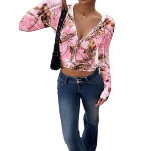 เสื้อฮู้ดครอปซิปผู้หญิงสีชมพูสำหรับฤดูหนาว ผ้าฟลีซแห้งเร็ว ทรงพอดีตัว แขนยาว ซิปด้านหน้า รับทำโลโก้ตามสั่ง OEM แบรนด์ส่วนตัว ขายส่ง - Product Image 1