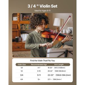 Set Violino Artigianale 3/4 per Adulti con Custodia Rigida, Resina, Arco, Spalliera e Accordatore - Product Image 4