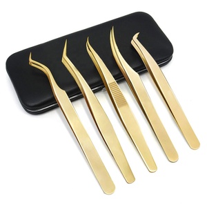 Kit de 5 pinces à cils en acier inoxydable avec logo personnalisé, couleur or, pour extensions de cheveux et cils, outil de beauté durable et réutilisable pour volume - Product Image 1