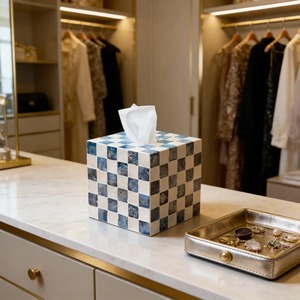 Ceramic Tissue <b>Box</b> Cover Checkerboard Blue White Modern Design Free Standing Ideal For Bathroom Decor And <b>Vanity</b> Counters - Product Image 5