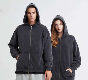Sweat-shirt à capuche zippé noir épais 100 % coton délavé à l'acide, style vintage, entièrement personnalisable - Product Image 1