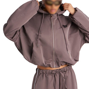 Trendy Women Oversized <b>Cropped</b> <b>Top</b> Hoodod Track Pant Solid Color Windproof Widebreaker Nylon Zip Up Custom Style Jacket Supply - Product Image 4