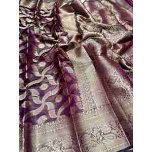 TRADICIONAL BANARASI HANDLOOM TRABAJO DE TEJIDO SAREE CON BLUSA SIN COSTAR VINO - Product Image 1