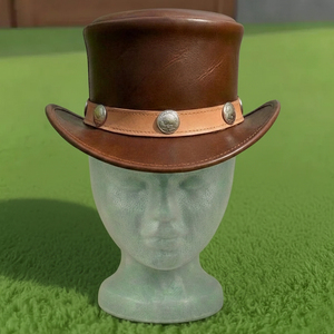 Premium quality custom made Handmade Brown Leather Top <b>Hat</b> Steampunk Western <b>Hat</b> with Concho <b>Band</b> - Product Image 3