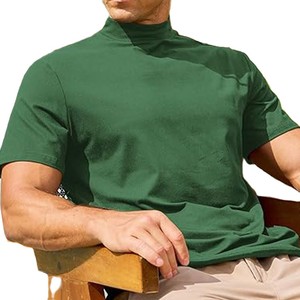 <b>Men's</b> Solid Green Mock Turtleneck Short Sleeve Pullover T-<b>Shirt</b> Breathable Knitted Casual Top Summer Wear - Product Image 4
