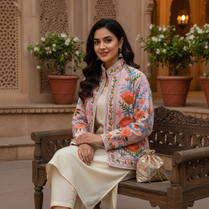 White Orange Floral Embroidery Jacket | <b>Boho</b> Long Sleeve Stand Collar Cotton Jacket Handmade Needle Work Women Winter Coat - Product Image 2