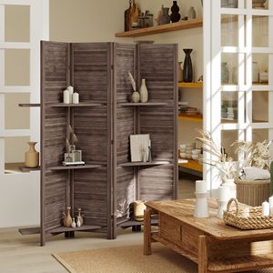 Paravent de séparation d'espace en bois de 67 po de hauteur, 4 panneaux, traditionnel, avec 3 étagères de rangement pliantes pour chambre à coucher, en noyer, structure métallique durable - Product Image 2