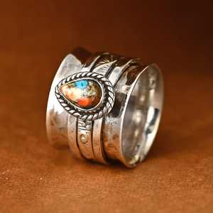 Natural Turquoise <b>Spinner</b> <b>Ring</b> 925 Sterling Silver Handmade Rotating <b>Fidget</b> <b>Ring</b> Vintage Beaded Gemstone <b>Ring</b> Unisex Jewelry - Product Image 6