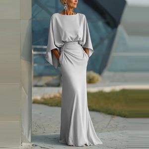 Vestido Largo de Fiesta Plisado de Cintura Alta con Cuello Redondo y Manga Murciélago, Elegante y Sexy con Bolsillos y Espalda Descubierta para Mujer - Product Image 6