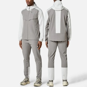 <b>Men's</b> Gray <b>White</b> Color Block Hooded Tracksuit Full Sleeve Zipper Sporty <b>Jogger</b> Pants With Side Pockets Autumn Casual Wear - Product Image 1