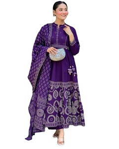 Красивый, ручной работы, размер от <span class=keywords><strong>M</strong></span> до XXL, ярко-фиолетовый цвет, воротник, шейный дизайн, длина по колено, Kurti & Bottom с набором Dupatta - Product Image 1