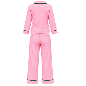 Women's <b>Pink</b> Pajama Set with Green Piping and Embroidered AKA Leaf Logo <b>Long</b> <b>Sleeve</b> Button Front <b>Top</b> Matching Drawstring Pants - Product Image 2