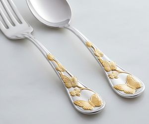 Ensemble de couverts élégants en argent avec manche floral doré, finition miroir, fourchette et cuillère pour la vaisselle de mariage - Product Image 3