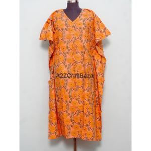 Caftán de algodón para mujer, cuello en V, sin mangas, ecológico, ajustado, con estampado de bloques, lavable, cómodo, corte maxi, con aberturas - Product Image 1