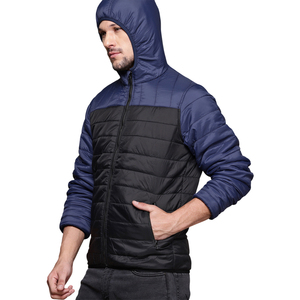 Men's Black Hooded Quilted <b>Jacket</b> Stand Collar Zipper Closure Streetwear Winter Slim Fit Thick Polyester Wadding Regular Length - Product Image 2