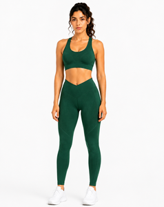 Women <b>Seamless</b> V Waist Yoga Set Ribbed High Waist <b>Leggings</b> Sports Bra Fitness Gym Activewear Set - Product Image 4