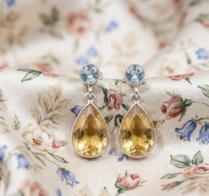 Pendientes de Citrino Natural y Topacio Azul, Plata de Ley 925, Chapados en Oro Rosa Amarillo, con Forma de Pera, Hechos a Mano, Joyería de Piedras Preciosas, Regalo para Mujer - Product Image 1