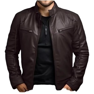 Chaqueta de moto unisex de cuero PU marrón con cuello en V, cierre de media cremallera, corte ajustado, longitud regular, estilo invierno, con capucha y forro grueso de bambú. - Product Image 5