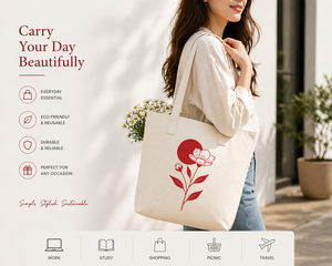 AMANI 300GSM White Canvas <b>Tote</b> Bag Eco Friendly Reusable Shopping Bag Custom Logo <b>Zip</b> Closure Heavy Duty Floral Red Petals - Product Image 6