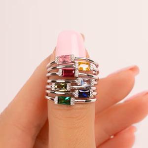 Personalized 12 Months Birthstone Emerald Cut Diamond Vintage 925 Silver 18k Gold Plated <b>Adjustable</b> <b>Ring</b> Wedding Gift - Product Image 4