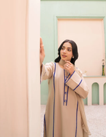 Robe longue beige en coton avec bordure bleue pour femme, style décontracté Inde-Pakistan, coupe ample, toutes saisons