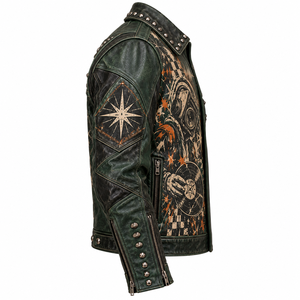Blouson en cuir vert pour homme, style motard, effet vieilli, avec motifs graphiques DJ et punk, clouté et à pointes, production en gros OEM ODM sur mesure - Product Image 3