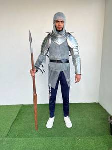 Armadura de Caballero de Acero Plateado, Pechera Completa con Protectores de Brazos, Capucha de Malla, Estilo Medieval Gótico, Disfraz de Cosplay - Product Image 1