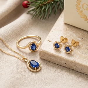18K Gold Natural Blue Sapphire Jewelry Set Elegant <b>Ring</b> Pendant <b>Necklace</b> Stud Earrings Fine Jewelry - Product Image 1