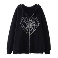 Sudadera con Capucha Oversize de Algodón 100% para Mujer Tallas Grandes, con Estampado de Telaraña Bordado, Cremallera, Estilo Casual Urbano para Otoño