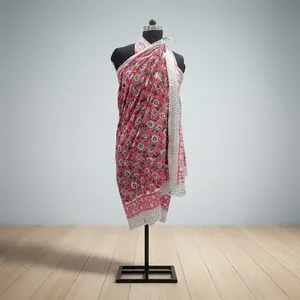 Pareo de Algodón Estampado a Mano con Flores Rosas y Borde Blanco, Ligero, Estilo Indio, para Mujer, Ropa de Playa y Resort - Product Image 2
