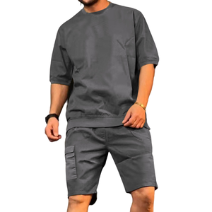 Ensemble de survêtement en coton noir pour hommes, manches courtes, col rond, couleur unie, décontracté, short d'été, coupe ample, léger et respirant - Product Image 2