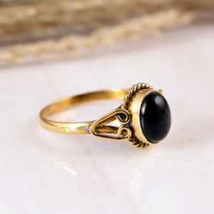Elegant Brass Gold Plated Black Tourmaline Oval Bezel Setting Handmade Rope Design Natural Gemstone <b>Statement</b> <b>Ring</b> Boho Hippie - Product Image 2