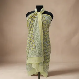 Yellow Grey Floral Hand Block Printed Cotton <b>Sarong</b> Scarf with Geometric Border Lightweight Beach Wrap Stole for Women - Product Image 6
