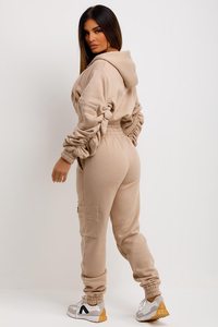 Ensemble de survêtement beige pour femme, sweat à capuche court avec cordon de serrage, pantalon de jogging à manches longues, couleur unie, coupe décontractée, tenue d'automne - Product Image 4