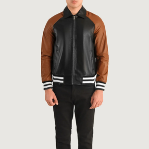 <b>Men's</b> Brown <b>Leather</b> Bomber <b>Jacket</b> Turn-down Collar Zipper Closure Casual Autumn Wear Regular Fit - Product Image 6