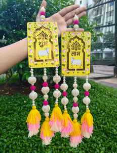 Venta al por mayor Pichwai vaca Subh Labh par colgante de pared Diwali decoración inauguración de la casa Favor decoración de la puerta del hogar Shubh Labh colgante - Product Image 5