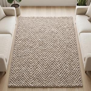 Tapis d'intérieur moderne minimaliste texturé en laine unie crème beige tissé à la main, antidérapant, à poils moyens - Product Image 4