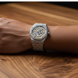 Full Iced Lab Diamond Watch <b>White</b> Gold Plated Octagonal Stainless Steel <b>Bracelet</b> Round Dial Quartz Analog Unisex Wrist Watch - Product Image 5