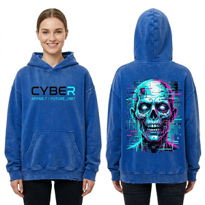 Sudadera con Capucha Gráfica Cyberpunk Glitch Skull para Mujer, Azul Brillante, Estilo Urbano, con Logo Personalizado, Techwear, Oversize, Venta al por Mayor - Product Image 1