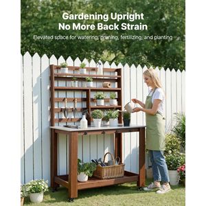 Stazione di Lavoro per Giardinaggio Esterno 45 X 26 con Piano in Acciaio Inox, Banco per Innaffiatura con 4 Ruote, Ganci e Ripiani Portaoggetti per Hotel - Product Image 2
