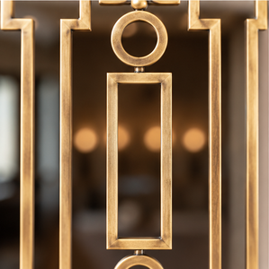 Geometric Gold Tone Metal <b>Staircase</b> Railing with Rectangular Frame and Circular Ring Balusters for Modern Interiors - Product Image 2