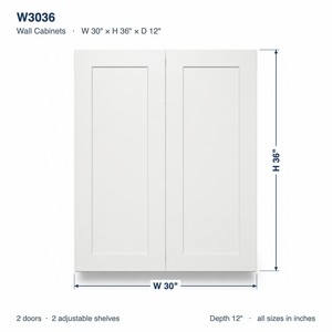 Armoires de cuisine murales en bois massif style Shaker, 30 x 36 pouces, blanc et gris, prêtes à assembler, en stock W3036 USA - Product Image 6