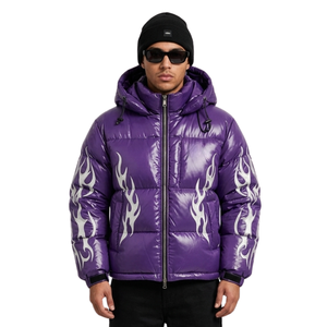 Blouson matelassé décontracté à manches longues pour homme, motif tribal, violet, résistant au vent, en nylon supérieur, avec capuche et col montant - Product Image 1